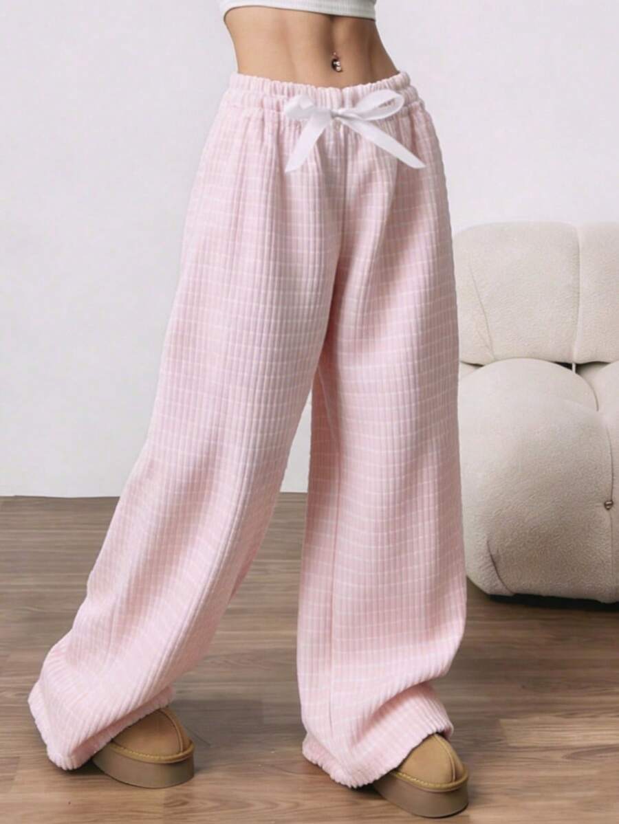 1 pieza Pantalones holgados y casuales de mujer a cuadros y rayas, pantalones de pijama aptos para primavera, verano y otoño, se pueden usar en exteriores - Rosa - Ver 1