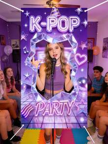 1 件装 K-POP 霓虹发光派对拍照背景布，赛博朋克风格涤纶面料拍照横幅，带心形边框、星星和音符图案，可重复使用、可水洗，适用于 K-POP 主题生日派对、演唱会观影派对、青少年生日庆祝、春夏摄影及活动装饰 - 霓虹 - 查看 2