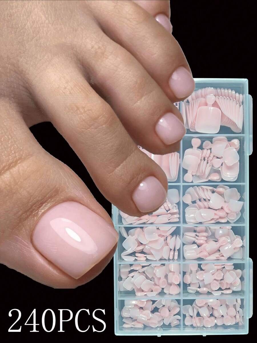 240pcs Fake Toe Nails, 12 Sizes, Full Coverage Pink Toe Nail Tips, Press-On, Salon-Grade Toe Nail Extension Design, Artificial Acrylic Nail Supplies - Pink - View 1
