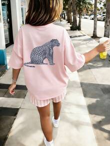 1 pieza Camiseta de manga corta con estampado para niña preadolescente, ropa juvenil estudiantil, regalo de verano para niños - Rosa - Ver 2