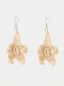 1 Set Women's Fashion Lightweight Hollow Shell Flower Earrings & Hand-Knitted Crochet Cap, Suitable For Summer Boho Style Daily Wear - A - View 3