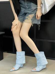 Giày bốt cao đến đùi mũi nhọn, gót mảnh, dáng ôm tôn dáng, hở mũi, kiểu dáng thời trang đa năng. - Màu xanh nhạt - Xem 3