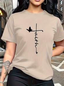 The "Faith" Design Incorporates Christian Cross And Butterfly Pattern Prints, Which Are  And Fashionable. The Simple Round-Neck, Casual, Versatile Short-Sleeve Women's T-Shirt Is Suitable For Leisure, Travel, Vacations, And Other Activities. 915Summer Pure Cotton - 杏色 - 查看 1