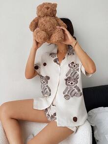 Dreamivo Conjunto de pijama de verano con diseño de oso, cómodo y suelto, con cuello polo, botones delanteros, bolsillo y mangas cortas, apropiado para primavera y otoño, para mujeres - Albaricoque - Ver 4