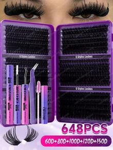 720/684/648/200pcs D-Curl Fluffy Thick False Eyelashes Set, Includes Beginner-Friendly Eyelash Tutorial, Thick & Full DIY Segmented False Eyelashes With Glue, Sealant, Tweezers And Brush, Enlarges Eyes, Lightweight & Reusable, Bulk Single Pair Eyelash Kit, Soft & Natural Mixed Lashes, Creates 5D Volumized Eye Makeup, Suitable For DIY At Home, Travel, Daily Commute, Parties, Weddings, Bridal - Purple - View 20