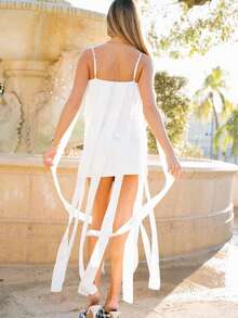 Women's Spaghetti Strap Mini Dress With Long Flowy Ribbons, Sleeveless Backless A-Line Party Dress For Cocktail Night Out - 白色 - 查看 3