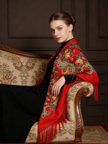 1pc Bohemian Vintage Printed Polyester Large Square Scarf With Tassels, Versatile Scarf Shawl For All Seasons - Multicolor - View 4