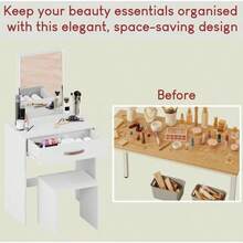 Dressing Table With Mirror And Stool, Dressing Table With 1 Drawer Storage And Built-In-Mirror Vanity Desk Easy Assembly Cosmetics Makeup Storage Organizer Bedroom Furniture - Black - View 4