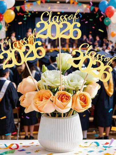 Bộ 6 món trang trí bàn tốt nghiệp năm 2026 màu vàng kim, trang trí trung tâm lớp tốt nghiệp, trang trí tiệc tốt nghiệp kèm giá đỡ, đồ dùng tiệc tốt nghiệp năm 2026, thích hợp để trang trí bàn làm việc, trang trí bàn làm việc lấp lánh, trang trí tiệc tốt nghiệp.