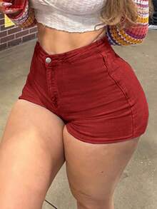 舒適女款牛仔短褲 直筒版型 中彈力面料 鈕扣與拉鍊開合 短款 - 紅色 - 查看 4