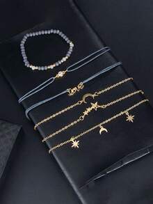 6pcs Set Delicate Gold Moon & Star Multi-Layer Bracelet, Beaded Heart Pendant Bracelet Set, Bohemian Starry Sky Style Jewelry For Women Daily Wear - Multicolor - View 3