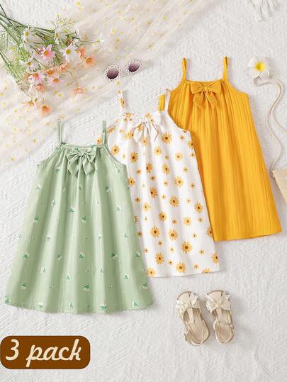Conjunto de 3 piezas de vestidos de verano para niñas, de tela suave y transpirable, con decoración de lazo, vestido de playa con tirantes finos, vestido de playa casual ligero, adecuado para niños