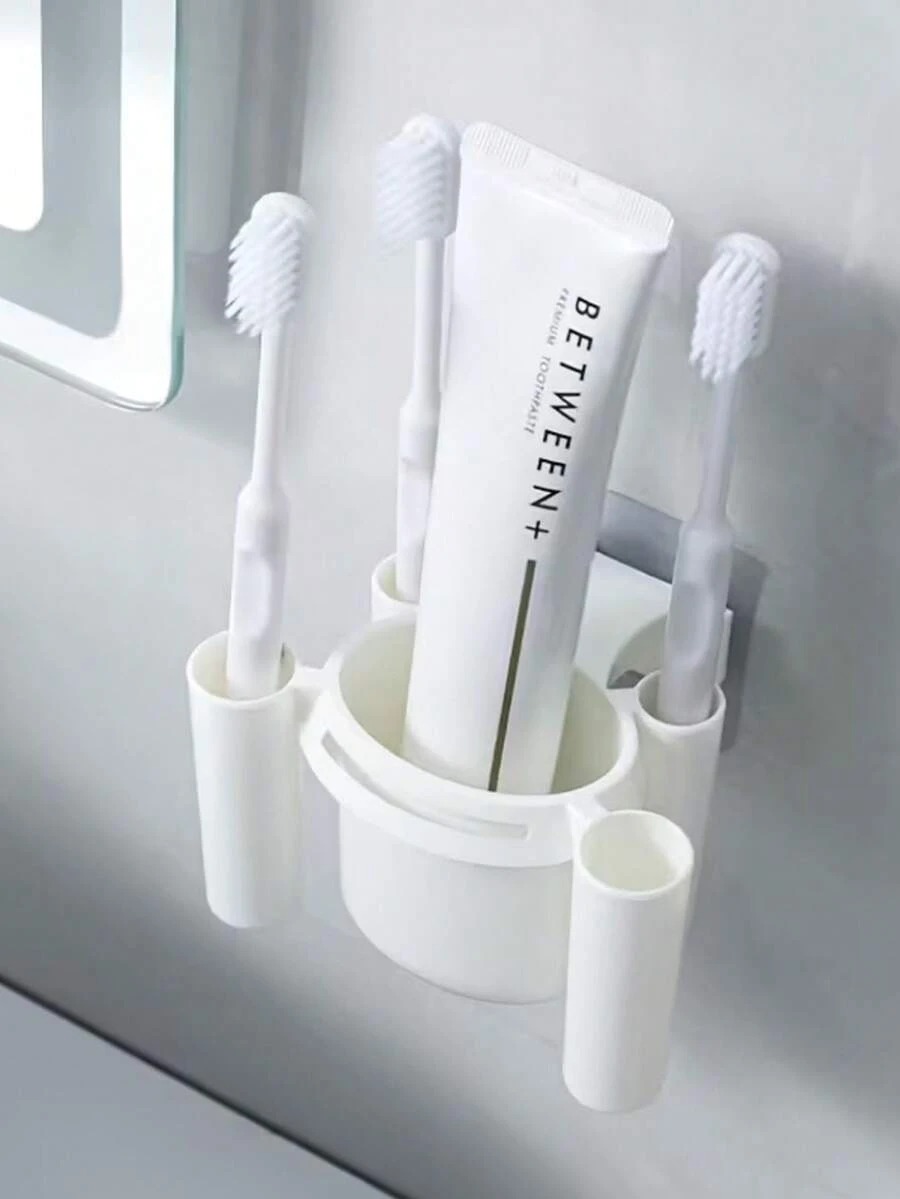 1pc Plastic 5-Slot Toothbrush Holder With Cover, Wall-Mounted Toothbrush Storage Rack Self-Adhesive No Drilling Toothbrush Organizer Box For Toothpaste And Bathroom - Multicolor - View 1