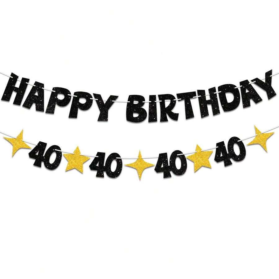 一套黑色和金色40岁生日派对闪光背景横幅，带星星花环装饰，适合男女40岁生日派对装饰，DIY生日用品 - 40 YEARS - 查看 1