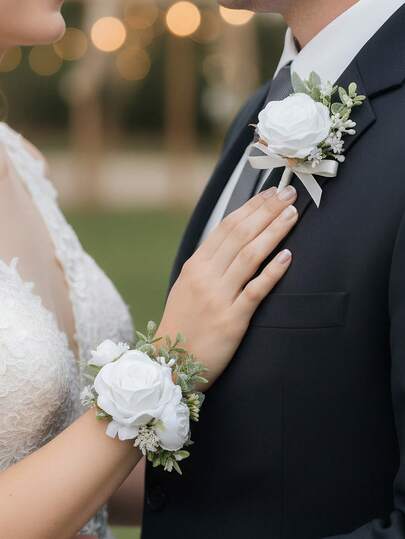 Wedding Rose Wrist Flower & Boutonniere Set, Pearl Chain Wrist Corsage For Bride Bridesmaid, Prom Nights, Homecoming Ceremonies, Anniversary Parties, Formal Dinners, Beach Parties, And Photograph Props,Summer