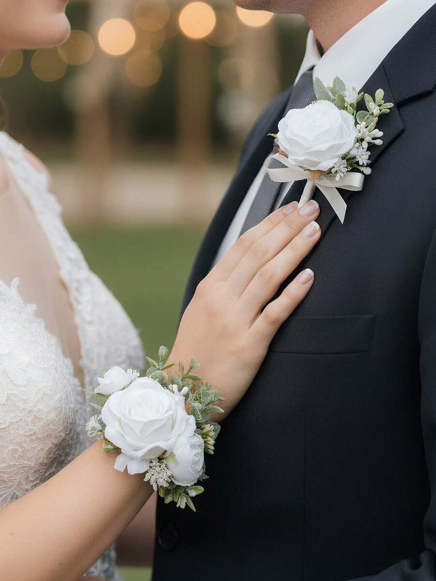 Set di polsini con fiori di rosa per matrimoni, corsage da polso con catena di perle per spose, damigelle, balli di fine anno, cerimonie di premiazione, feste di anniversario, cene formali, feste in spiaggia e accessori fotografici, adatto per l'estate