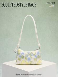 1pc Colorful Hollow Lace Floral Embroidered Fashionable Hobo Bag, Chic French Style Patchwork PU Rope Knot Women's Shoulder Bag, Suitable For Daily Commute And Summer Beach Travel Leisure (Floral Pattern Randomly Sent) - Green - View 1