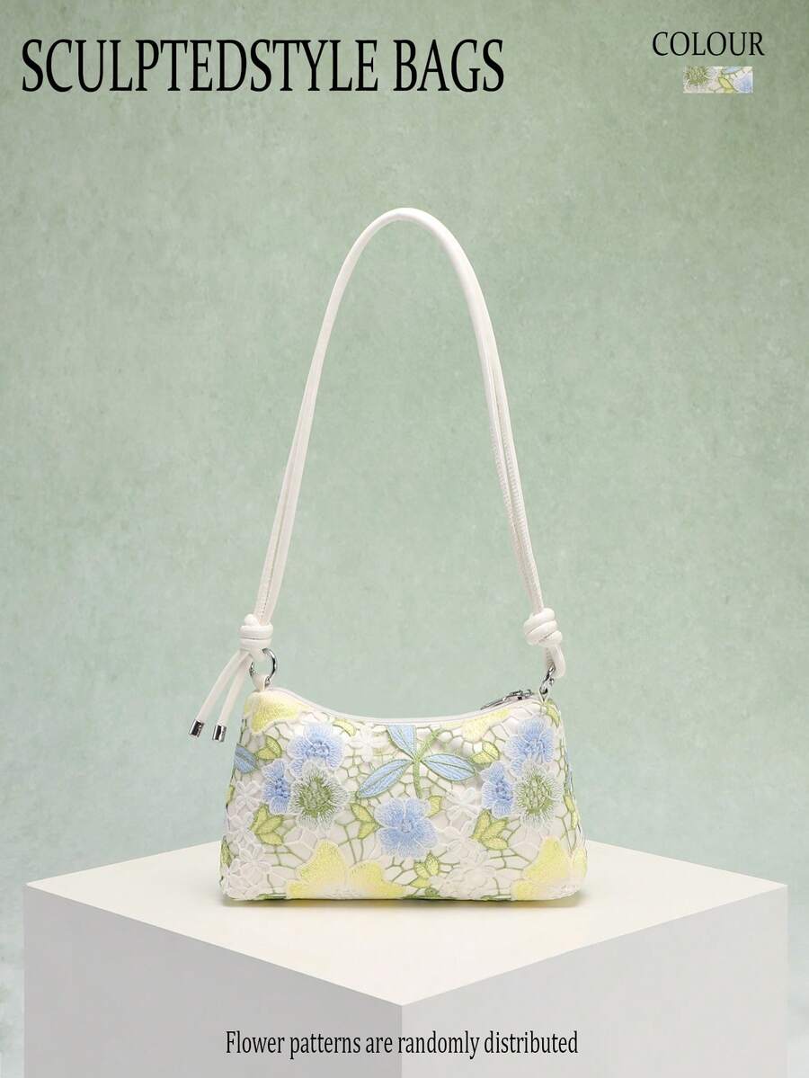 1pc Colorful Hollow Lace Floral Embroidered Fashionable Hobo Bag, Chic French Style Patchwork PU Rope Knot Women's Shoulder Bag, Suitable For Daily Commute And Summer Beach Travel Leisure (Floral Pattern Randomly Sent) - Green - View 1
