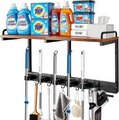 Broom Holder Wall Mount With Cleaning Supplies Organizer Shelf, Broom And Mop Organizer With Vacuum Holder, Wall Mounted Broom Hanger Utility Racks For Home Garage Laundry Room