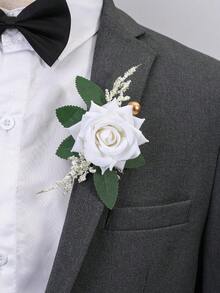 1pc/6pcs Premium White Rhinestone Rose Flower With Baby's Breath Artificial Green Plant Corsage, Suitable For Groom, Bride, Groomsman, Bridesmaid, Wedding, Engagement, Anniversary, Banquet, Party, Travel,Summer,Beach - White - View 5