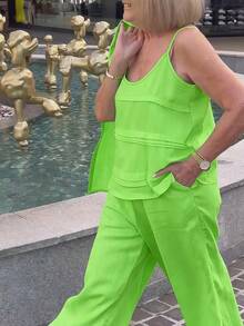 Plus Size Women's Summer Outfit, Casual Vacation Fresh Green Short Sleeve Shacket + Pleated Camisole + Wide Leg Pants Casual Suit, Ladies' Country Style Clothing Elegant - Green - View 2
