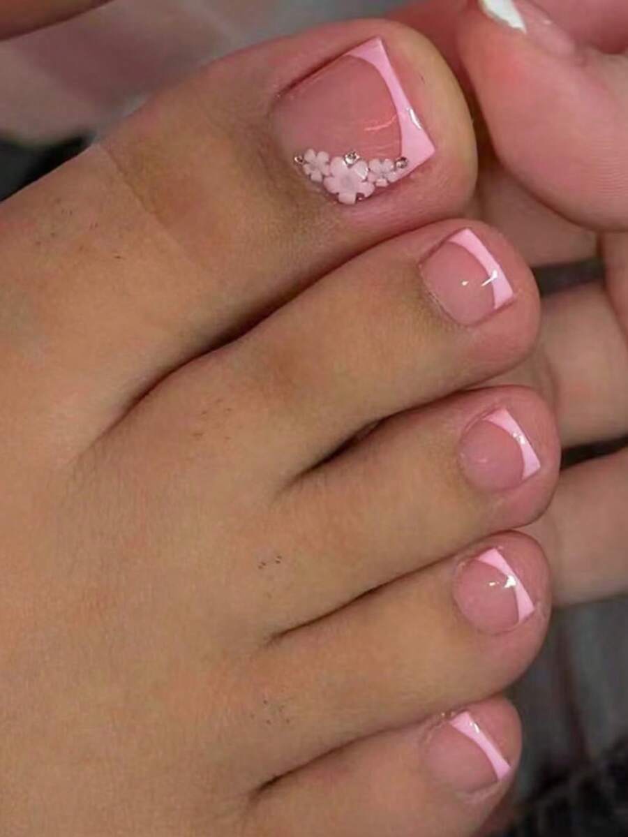 24pcs Glossy Short Square Press-On Toenails, Pink French Fake Toenails With White Flower & Rhinestone Design, Full Coverage Pink Acrylic Toenails, Women Pedicure Supplies - Baby Pink - View 1