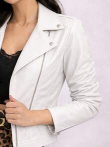 Women's White Leather Jacket With Long Sleeves, Stylish Blazer Coat For Cold Winter, Black Jacket For June Festivals. - White - View 5