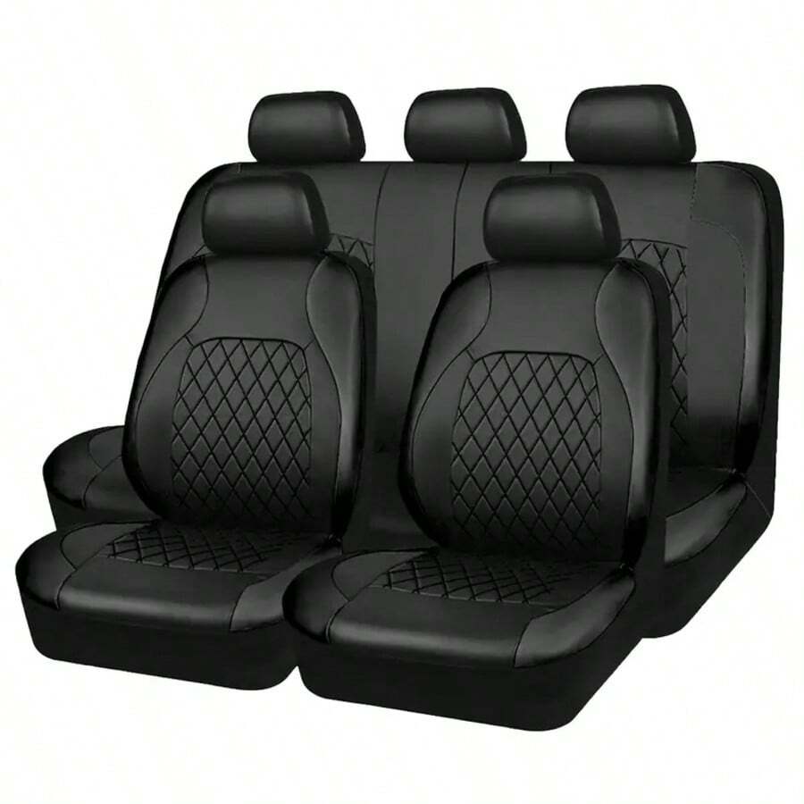 Universal Artificial Leather Car Seat Covers, Full Set Airbag Compatible, Breathable, Fit For Sedan, Truck, SUV, Luxury PU Material, Black With Red Trim - Leather - View 1
