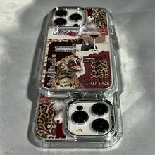 Alloy Minimalist Leopard Print 1pc Metal Transparent Case Electroplated Leopard Print Lips Wine Glass English Puzzle Pattern Phone Case Compatible With IPhone 16 Pro Max 17/15/14 Plus 13/12/11 Air Spring Gift Party - Mẫu 4 (1 cái) - Xem 2