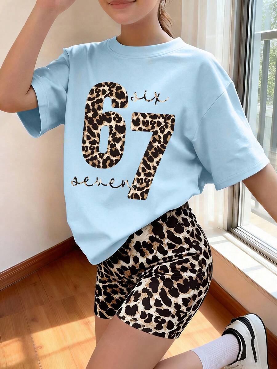 2pcs/Set Girls Leopard Print "67" Letter Graphic Tee + Leopard Shorts, Casual Fashion Summer Outfit - Baby Blue - View 1