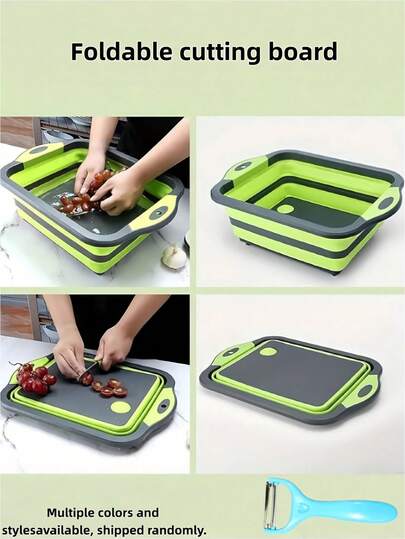 أداة تحضير فعالة لوح تقطيع قابل للطي متعدد الوظائف مع مصفاة، قاعدة مانعة للانزلاق لغسل الخضروات والفواكه، أداة مطبخ متعددة الاستخدامات (مقاس واحد، لون عشوائي)