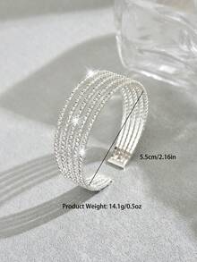 Brazalete de múltiples capas con cristales de strass, elástico y ajustable. Accesorio elegante, de moda y versátil al estilo europeo y americano - Plateado - Ver 6