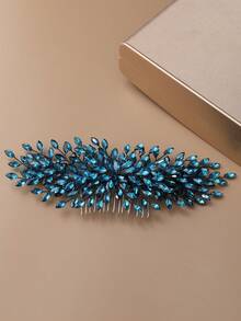 1pc Blue Crystal Leaf Hair Comb, Elegant Bridal Headpiece For Wedding, Prom, Party, Luxury Rhinestone Hair Accessory For Women,Summer,Beach - Blue - View 2