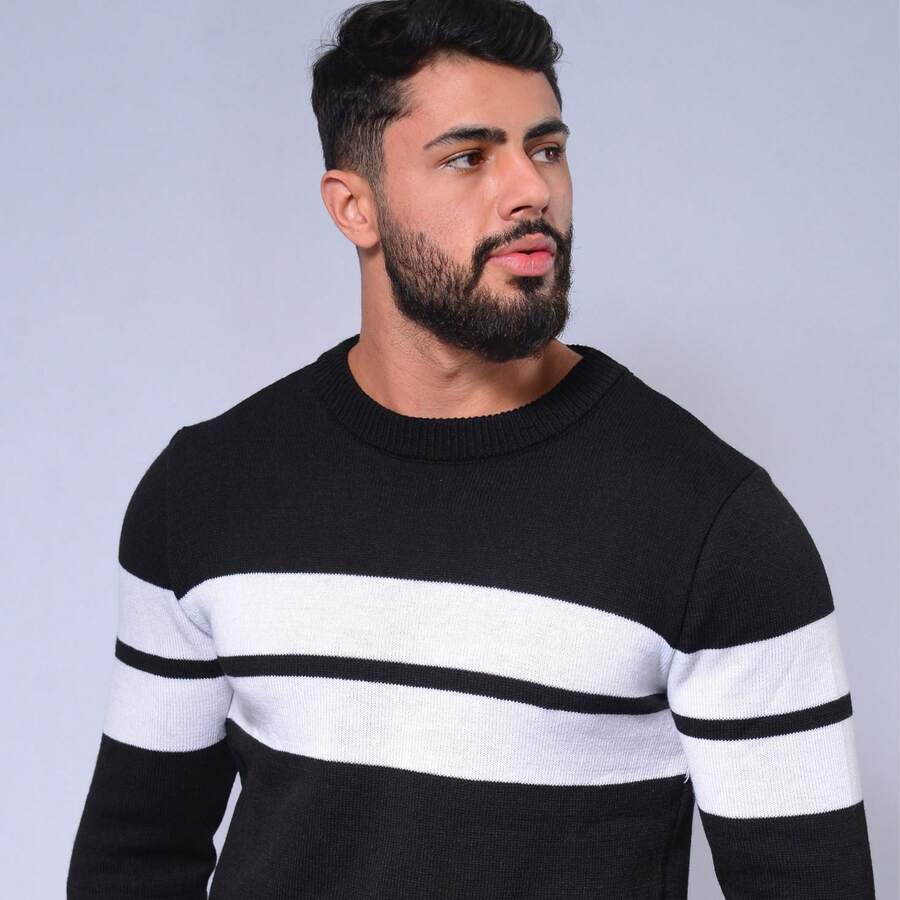 Men's Striped Knit Sweater, Casual Style, Elegant Winter Sweater, Round Neck, Comfortable For Autumn. - 黑色 - 查看 1