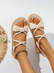 Women's Summer New Casual Beach Slippers With Tassel Decor, Criss-Cross Strap, Round Toe, Beige Color Open Toe Sandals - Off White - View 2