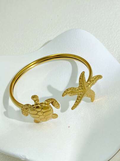 1件装海星、海龟、贝壳造型开口手镯，不锈钢材质，金色，女士时尚海洋系列
