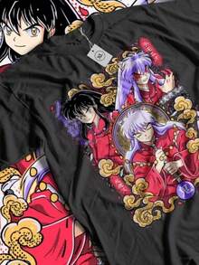 Sesshomaru T-Shirt Red Moon Inu Yasha Anime  Short Sleeve All Size-2 - Black - View 7