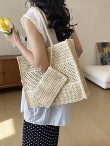 Handmade Woven Straw Large Summer Beach Tote Bag With Small Pouch For Women - White - View 2