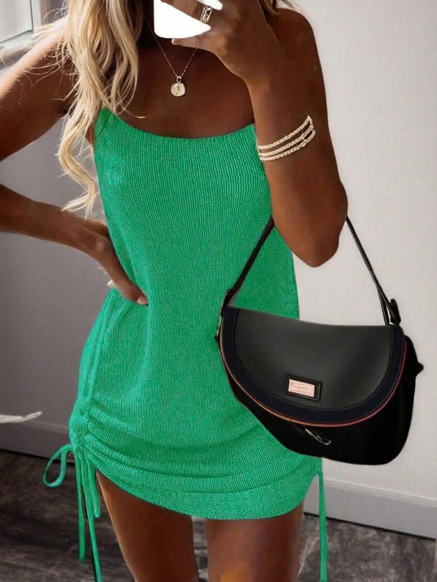 Women's Summer Vacation Solid Color Side Drawstring Knit Camisole Dress - Green - View 1