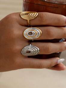 Uself 3pcs/1pc Stainless Steel Oval Rings, 18K Gold PVD Coated, High Quality Waterproof Jewelry For Women, Suitable For Daily Wear, Vacation, Beach - Multicolor - View 3