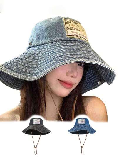 1pc Vintage Washed Bucket Hat For Women, Large Brim Sun Protection Hat