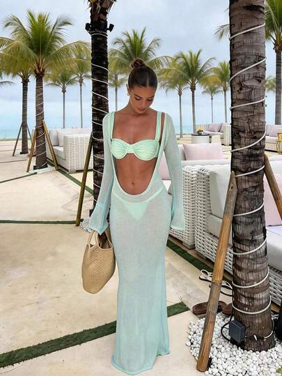 PARA BELLEZA Nuevo vestido maxi de punto con cintura ajustada, escote en V profundo y calado, en color verde, adecuado para la playa, el mar y las vacaciones de verano