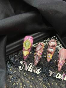 10pcs Handmade Fully Covered Stiletto Nails Press On Nails, Purple Nails, 3D Gem&Rhinestone Decor, Y2K Retro Baroque Style, Four Sizes To Choose From, Removable False Nails For Party, Daily Wear & Cosplay, With Jelly Glue And Nail File - Purple - View 5
