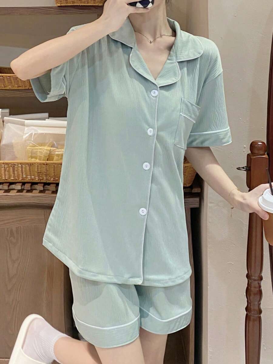 2 件套女士薄荷绿色宽松短款睡衣套装，适合家居服，两件套 - 薄荷綠 - 查看 1