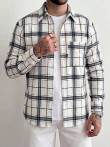 Apricot Plaid Long Sleeve Shirt For Men Beige Plaid Collared Shirt Modern Casual Digital Print Street Style Shirt Retro Gentleman Style Soft Shirt - Multicolor - View 5
