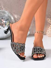 Fashionable High Heel Slides Summer New Square Toe Rhinestone Sexy Kitten Heel. Suitable For Party, Wedding, Vacation, Gathering, Date, Outdoor Wear, Open Toe, Elegant, Holiday, Versatile - Black - View 7