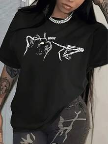 -Shirt With Cat And Skeleton Hand Pattern, Casual Short-Sleeved Top With Round Neck, Women's Spring-E. - Black - View 12