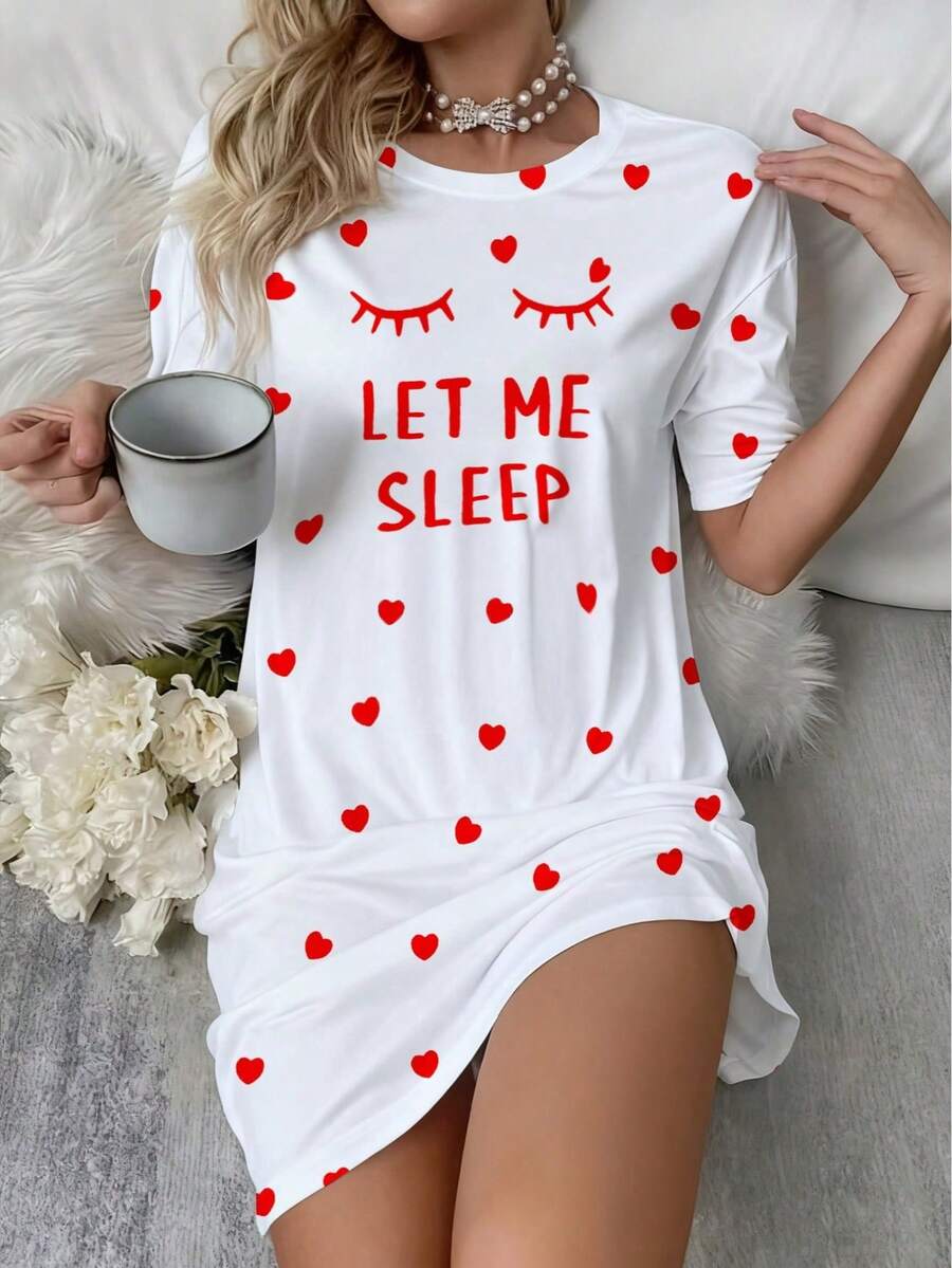 女款「Sleep」標語睫毛圖案睡衣-舒適短袖圓領T恤洋裝,愛心裝飾,四季針織睡衣 - 白色 - 查看 1