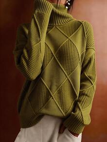 Suéter de cuello alto casual de talla grande para mujer, otoño/invierno - Verde Oliva - Ver 2