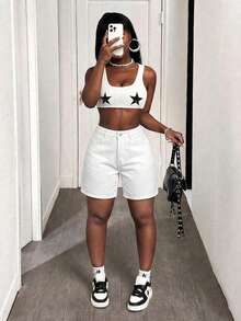 Pantalones cortos de mezclilla bermuda de unicolor para mujer, blancos y casuales de verano - Blanco - Ver 7
